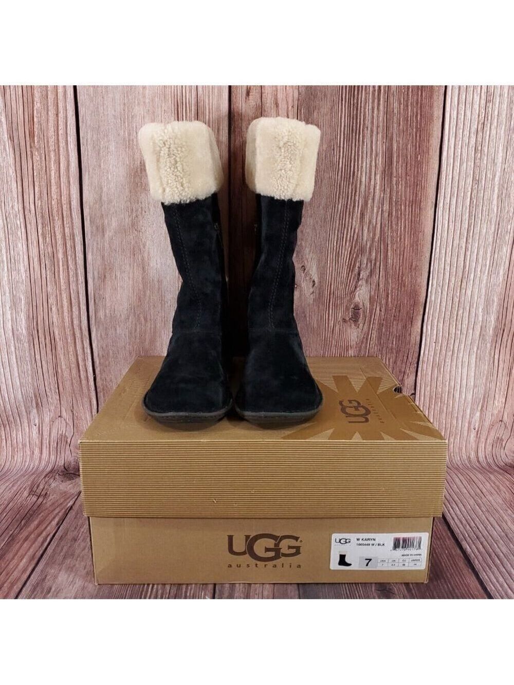 Ugg Karyn Womens Sz 7 Black Suede Leather Mid Calf Cuff Shearling Boots 1005449
